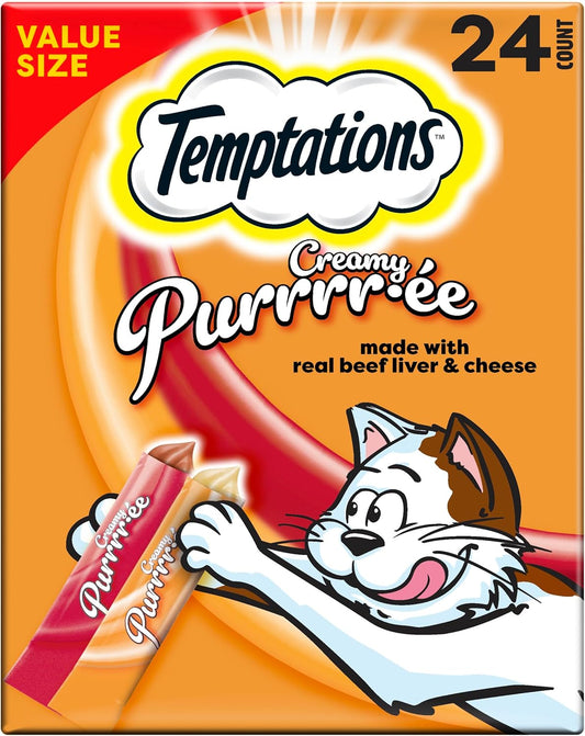 Creamy Puree Squeezable Lickable Cat Treats, Wet Cat Treats with Beef Liver and Cheese Variety Pack, 0.42 Oz. Tubes, 24 Count