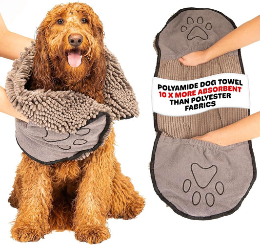 The Ultimate Dirty Dog Shammy - Super Absorbent Microfiber Towel with Dual Hand Pockets for Effortless Drying - Fast Drying and Machine Washable - 31x13 In, Grey